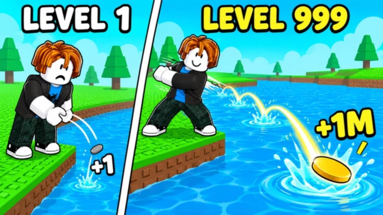 In-game +1 Stone Skipping characters and progression scene from the Roblox experience